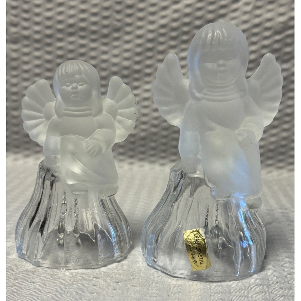 2 Goebel Bell Glass Angel Frosted Satin Sitting On Clear Bell 24% Lead Crystal